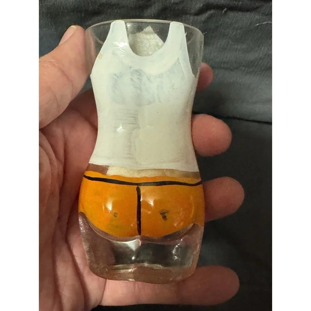 Vintage Hooters Girl Body Figural Shot Glass Barware Souvenir Orange Shorts